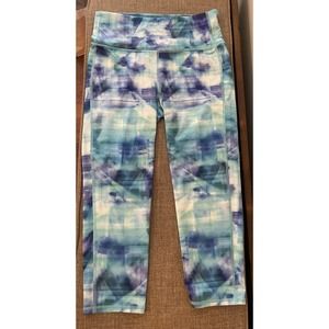 Athleta Blue Tie Dye Watercolor Print Cropped Leggings Size Small Gym Yoga Run